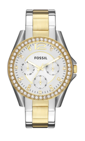 Fossil dames horloge uit de Riley Collectie. Goud- zilverkleurige edelstaal 38 mm kast met goud- zilverkleurige edelstalen band. Quartz uurwerk. 5 atm.